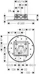 Kreisförmige Kopfbrause mit Montagebohrungen, designed von AXOR, zeigt eine schematische Darstellung der Maße und Installationsdetails.